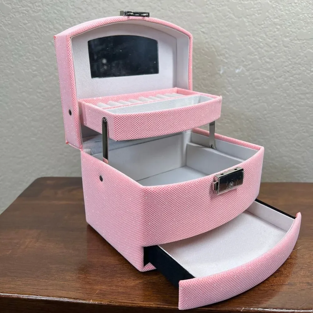 Jewelry storage organizer box with Mirror Pink giftable rings watches necklace
